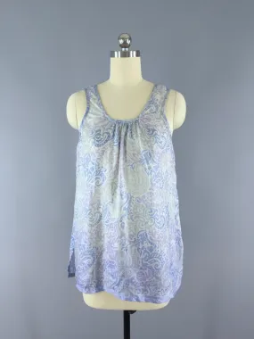 Silk Camisole Blouse / Vintage Indian Sari / Light Blue Floral / Size Small