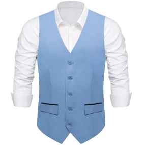 Sky Blue Solid Silk Men's Classic Vest with Two Pockets