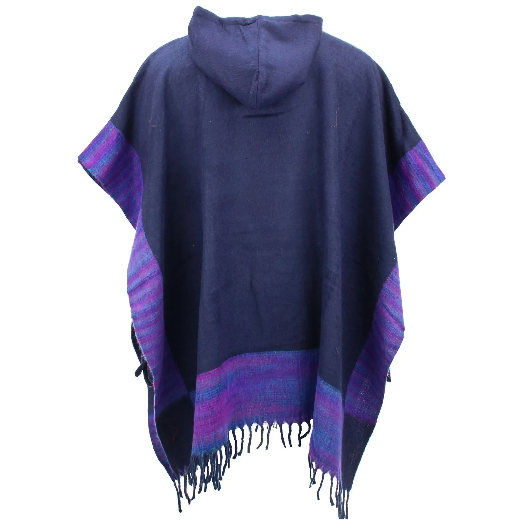 Soft Vegan Wool Hooded Tibet Poncho - Navy & Purple