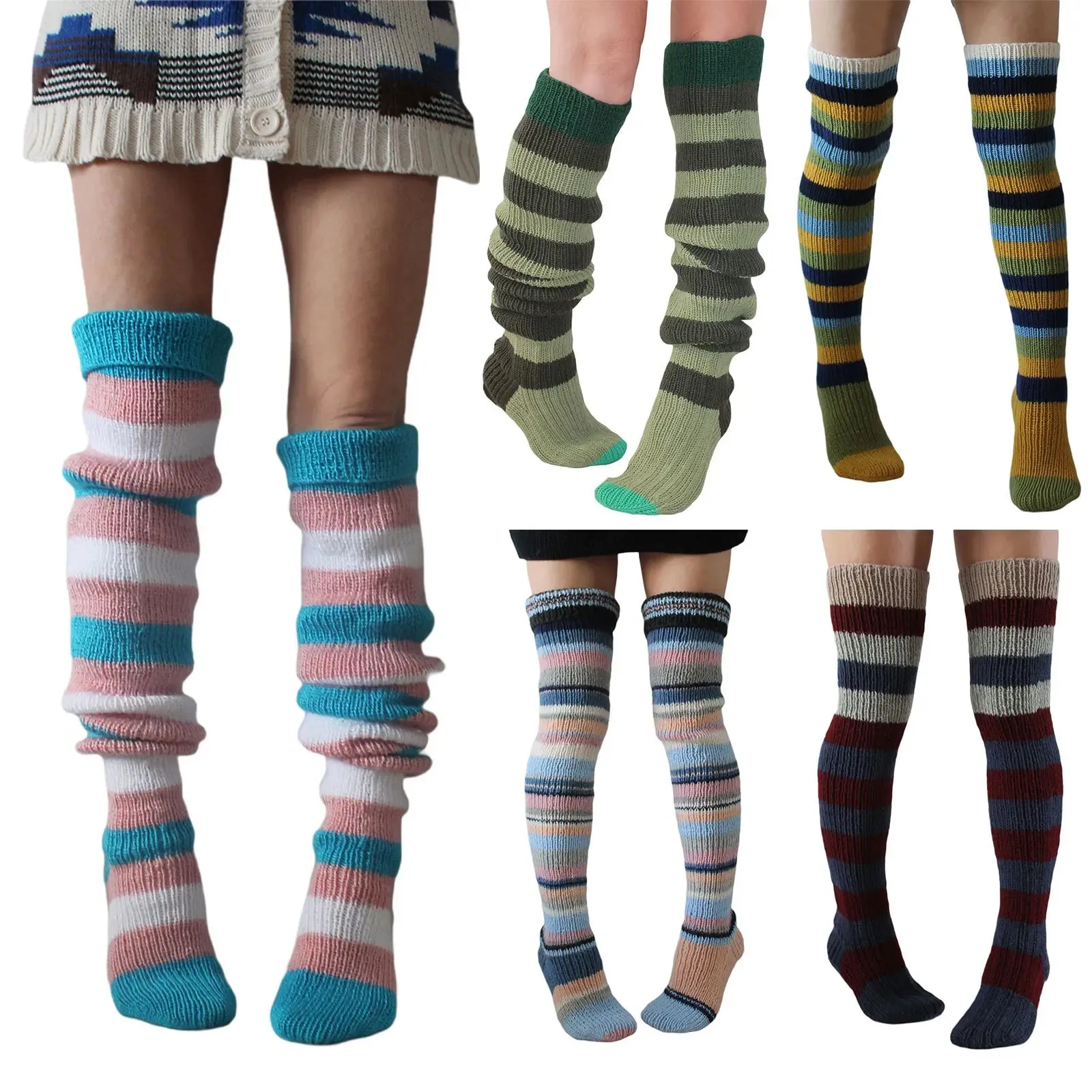 Sohiwoo Women's Wool Knee Socks Leg Warmers Fashion Y2K Leggings Striped Long Knee Knitted Stacked Socks Women Winter Accessories