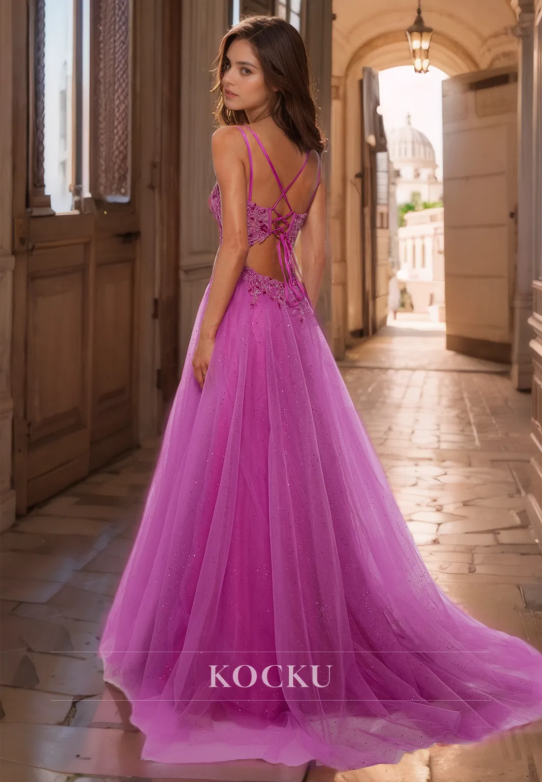 Spaghetti Straps A-Line V-Neck High Split Brush Train Glitter-Knit Prom Dress with Appliques