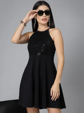 Style Quotient Women Black Embellished Poly Knit Fit And Flare Dress