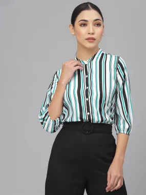 Style Quotient Women Green Smart Striped Formal Shirt