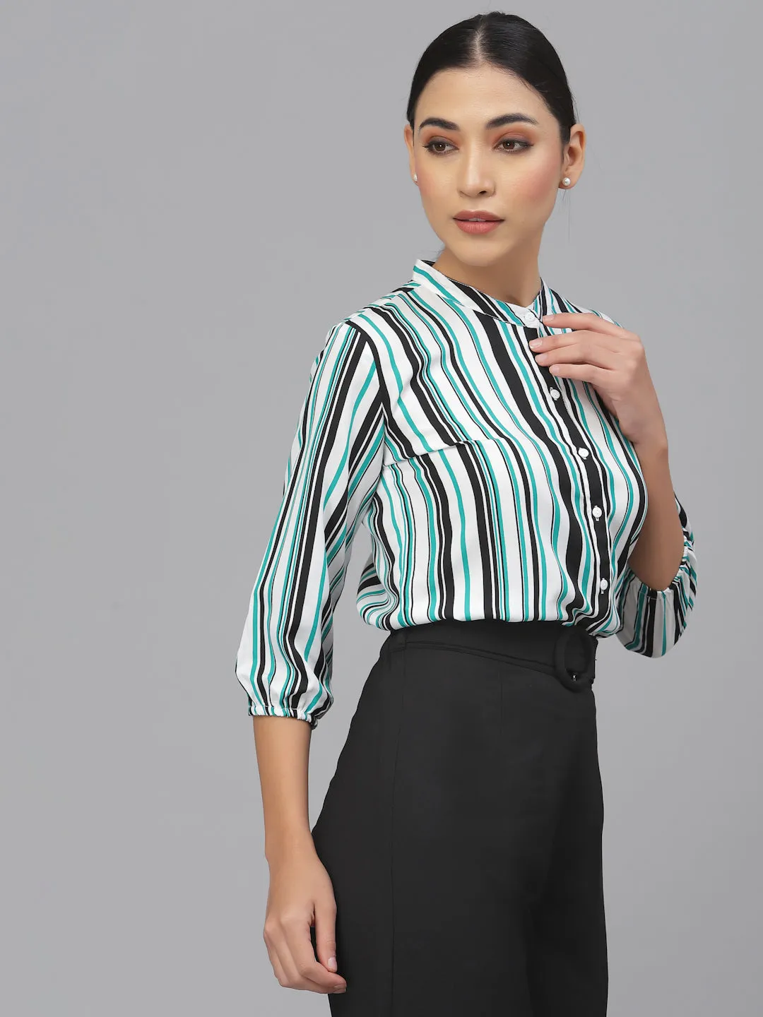 Style Quotient Women Green Smart Striped Formal Shirt