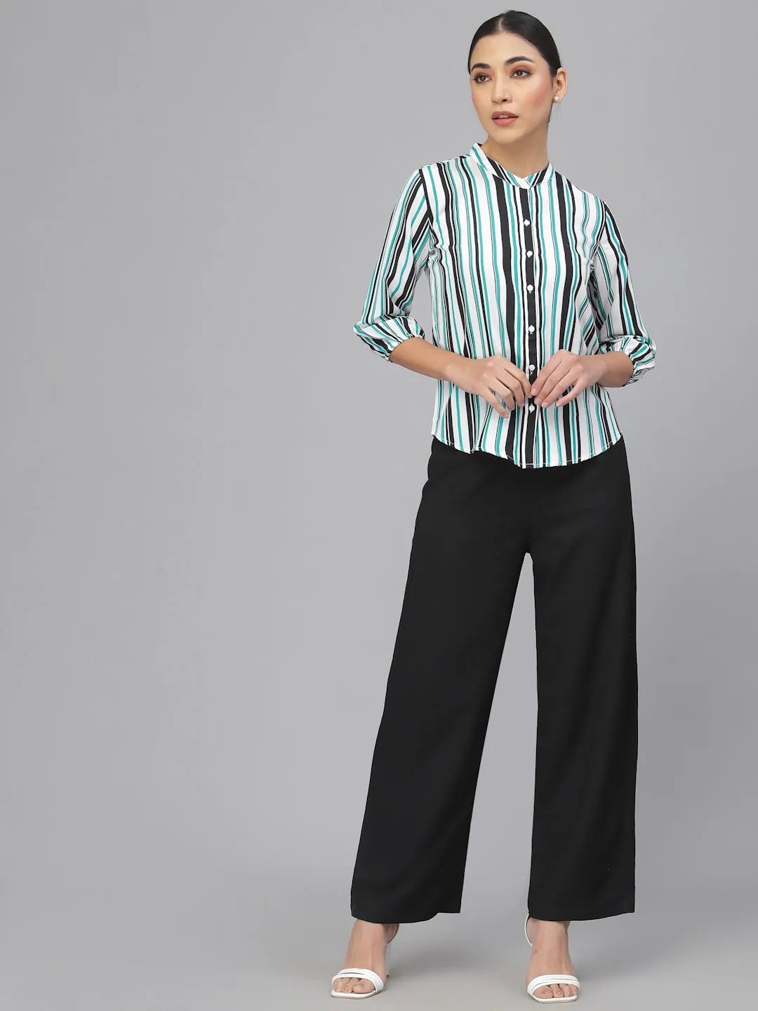 Style Quotient Women Green Smart Striped Formal Shirt