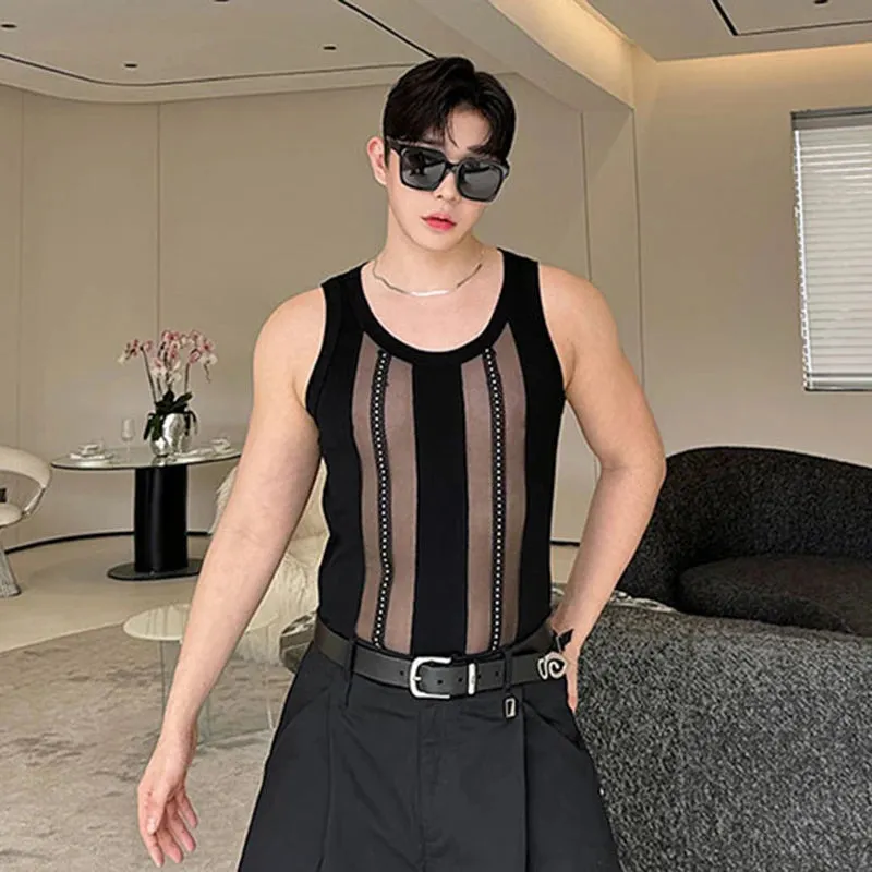 Summer American Men's Vest Vintage Hollow-out Spliced Sleeveless Knitted Tank Top Sexy Style Perspective Men Tee 9C5987