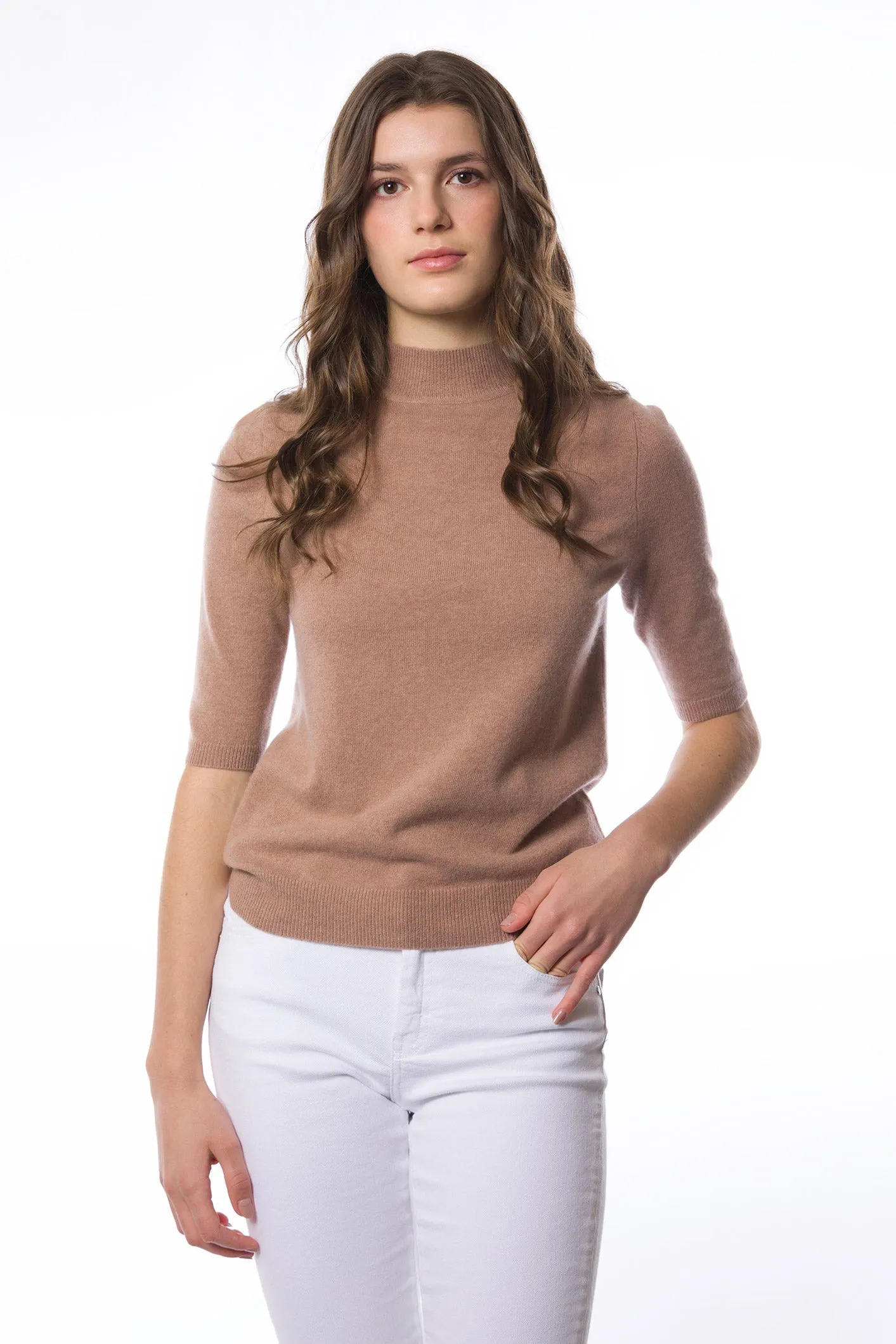 Sustainable Cashmere Short Sleeve Turtleneck Sweater - Camel