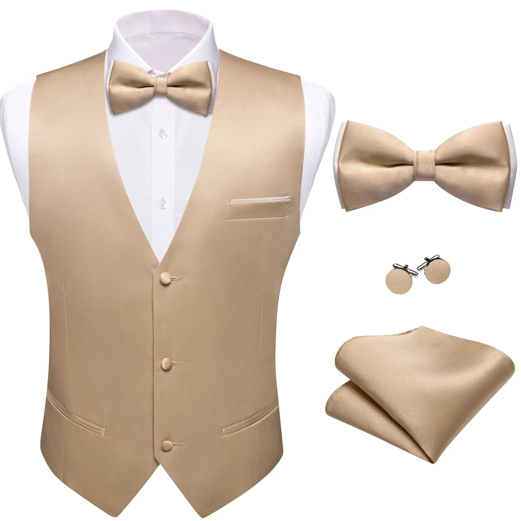 Ties2you Dress Vest Beige Solid V-Neck Waistcoat Mens Vest Bow Tie Set for Business