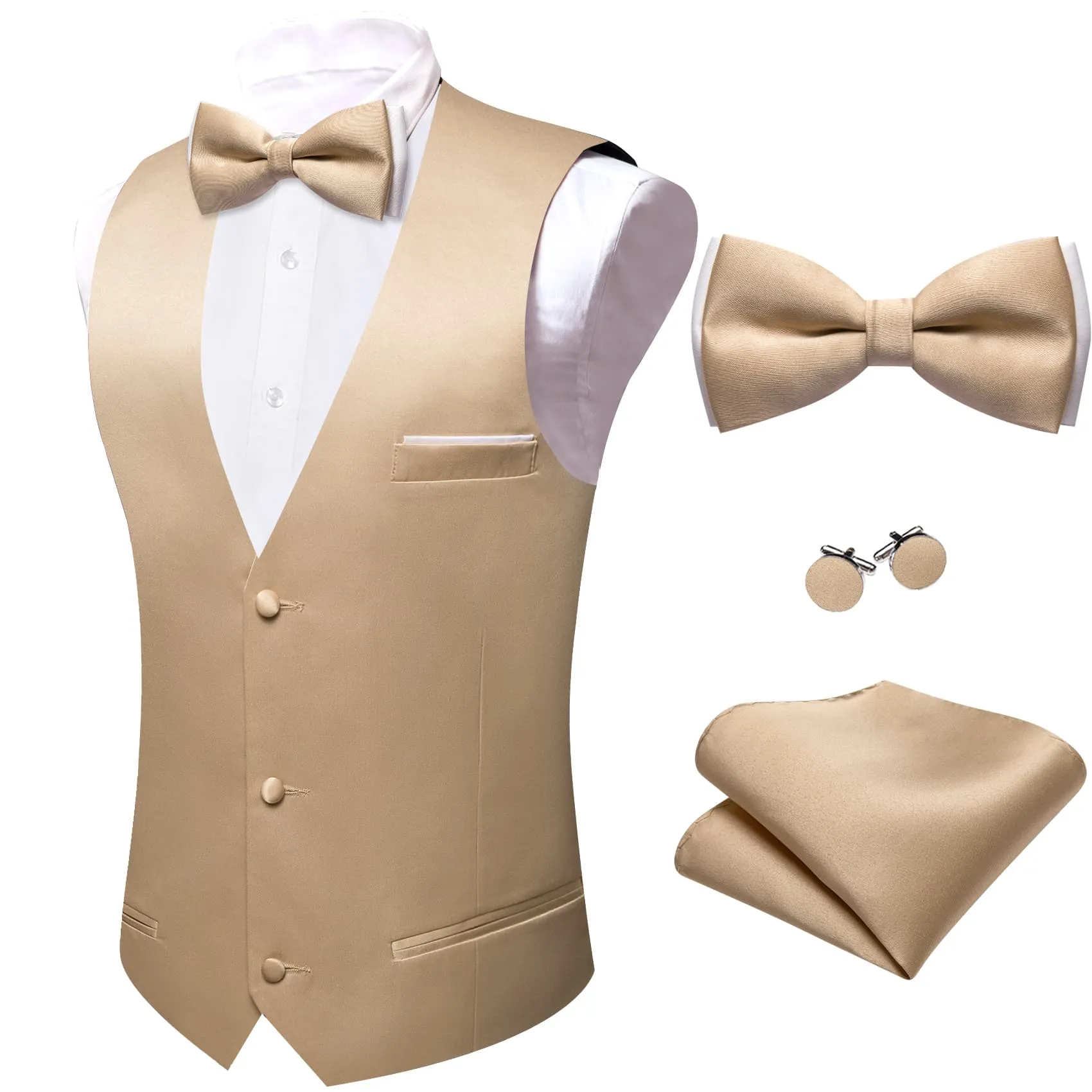 Ties2you Dress Vest Beige Solid V-Neck Waistcoat Mens Vest Bow Tie Set for Business