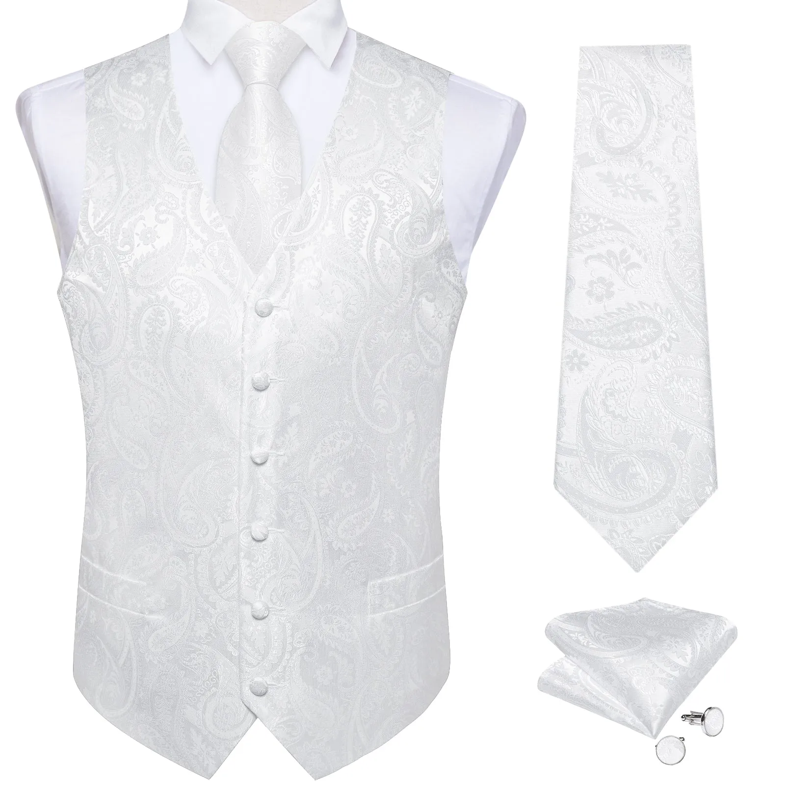 Ties2you White Paisley Silk Men's Vest Hanky Cufflinks Tie Set