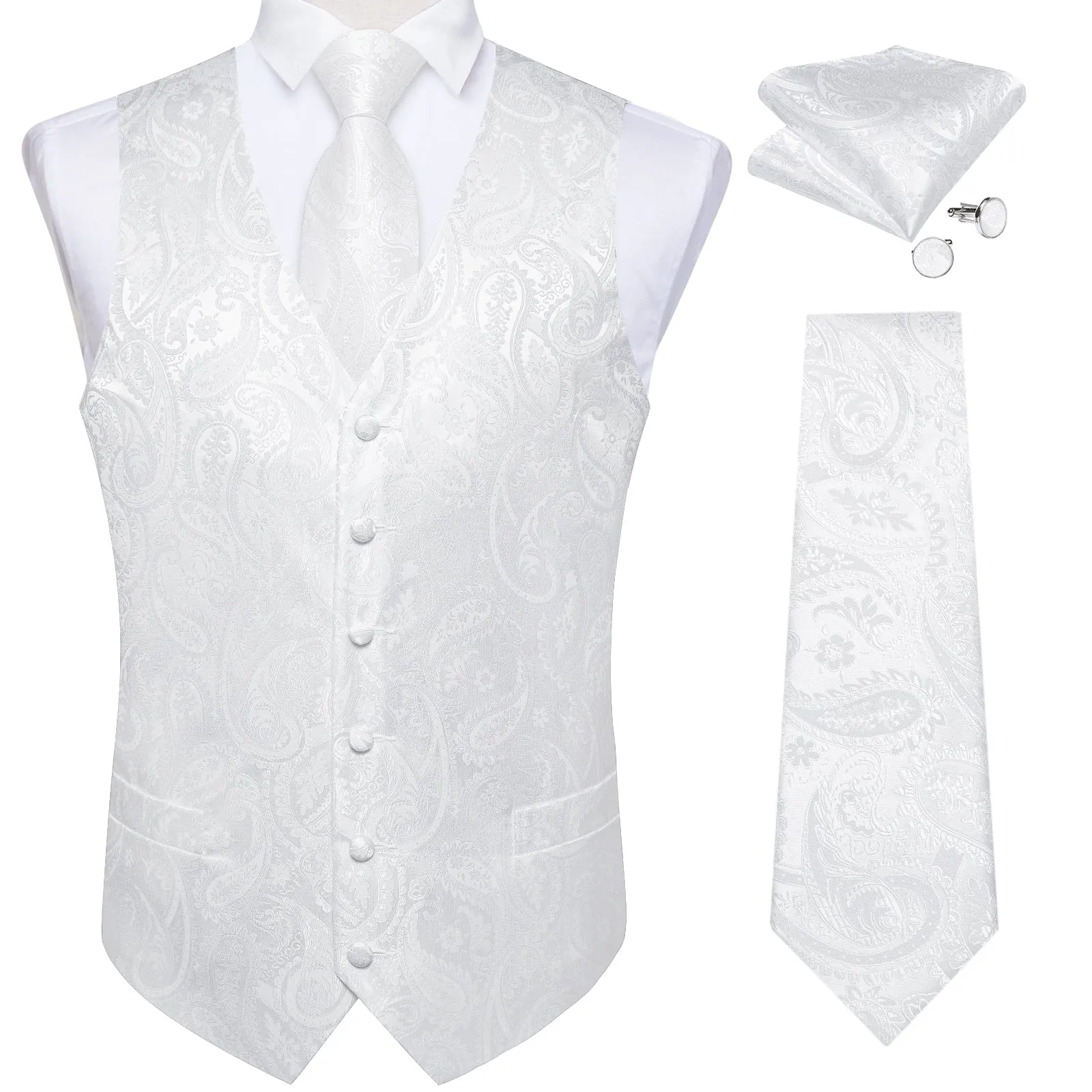 Ties2you White Paisley Silk Men's Vest Hanky Cufflinks Tie Set