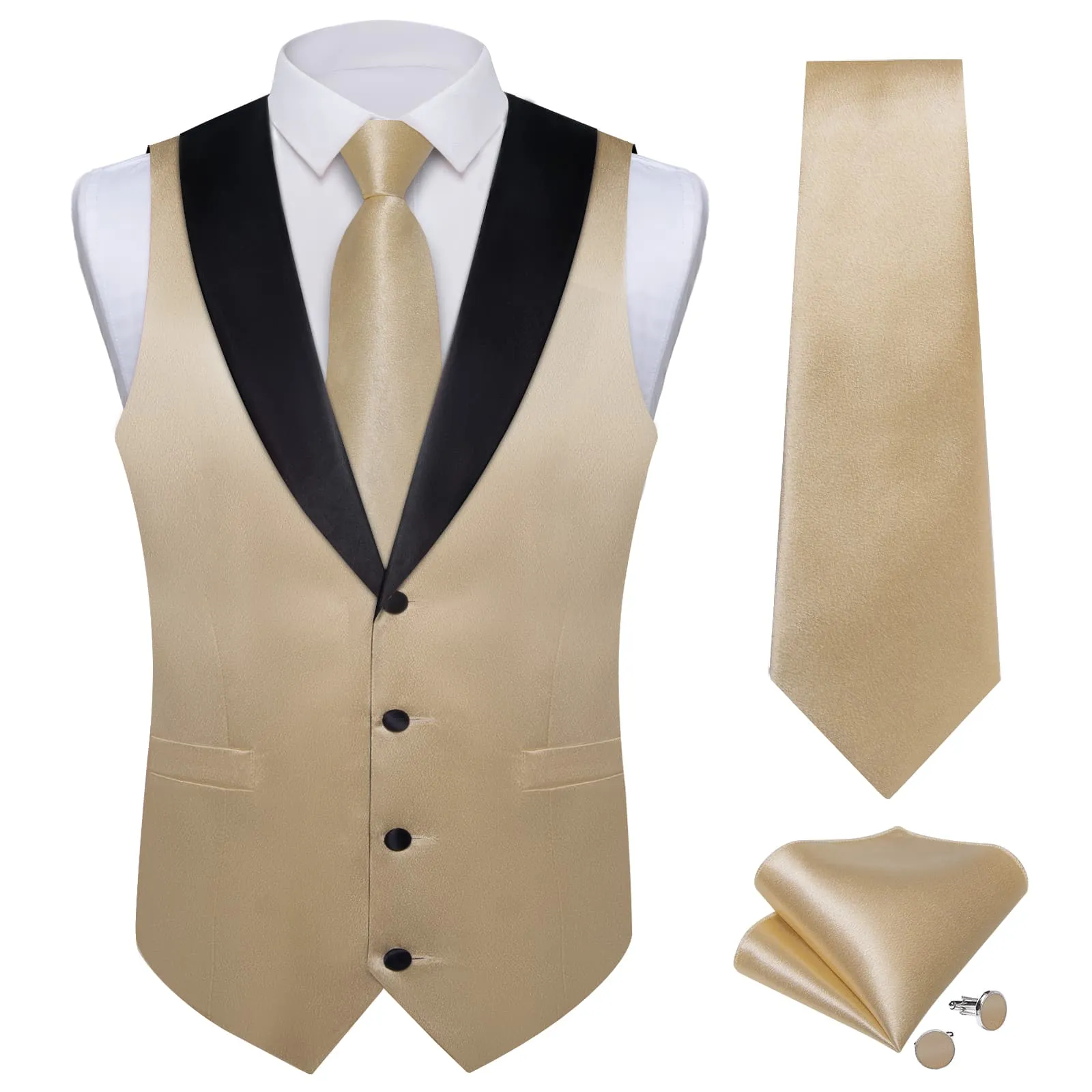 Ties2you Work Vest Champagne Solid Shawl Collar Silk Dress Vest Tie Set for Men