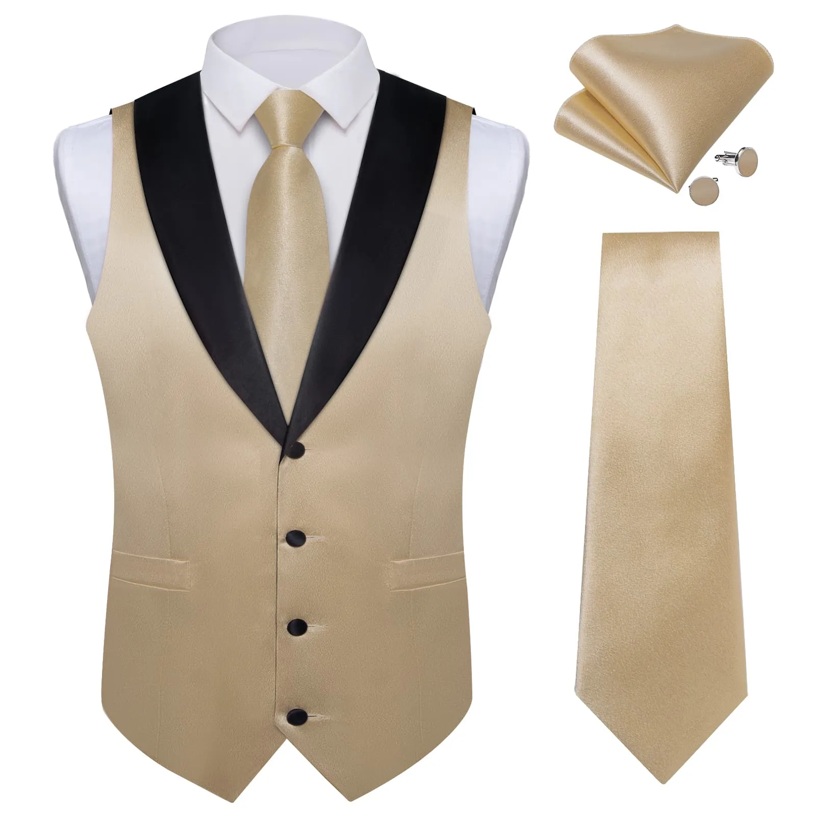 Ties2you Work Vest Champagne Solid Shawl Collar Silk Dress Vest Tie Set for Men