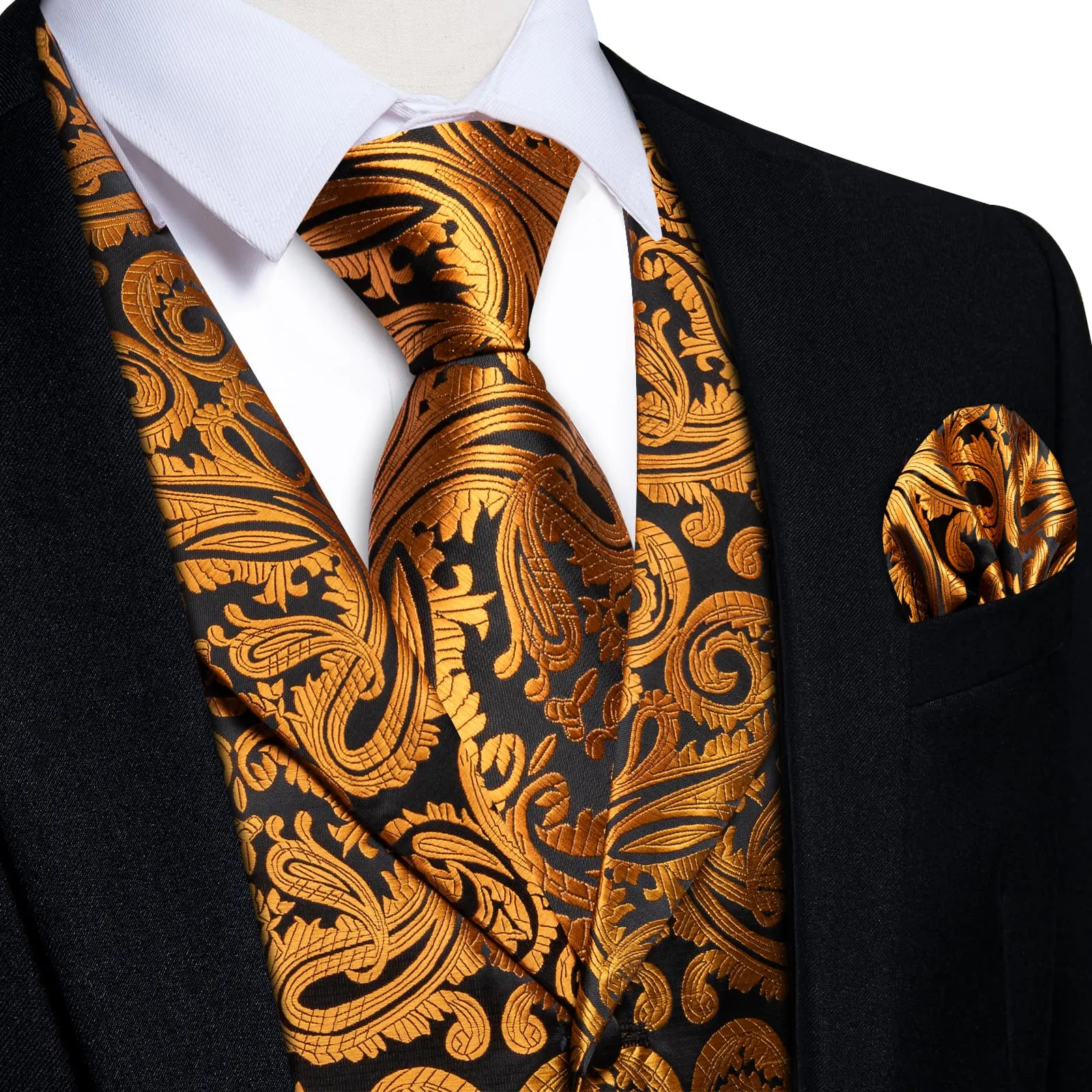 Ties2you Work Vest Golden Paisley Notched Collar Silk Waistcoat Tie Set for Men