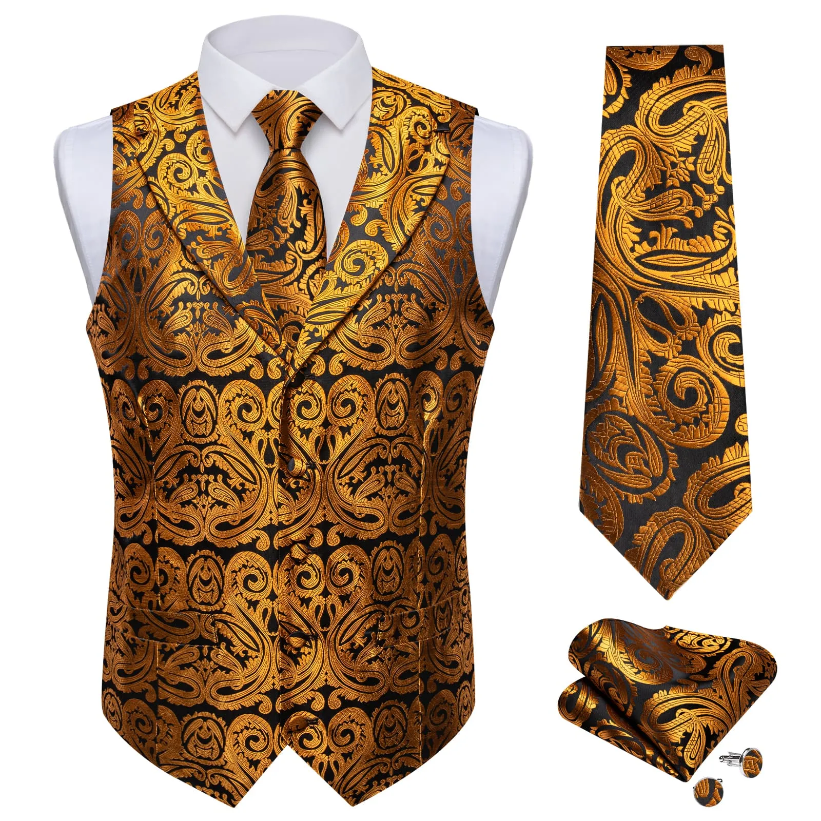 Ties2you Work Vest Golden Paisley Notched Collar Silk Waistcoat Tie Set for Men