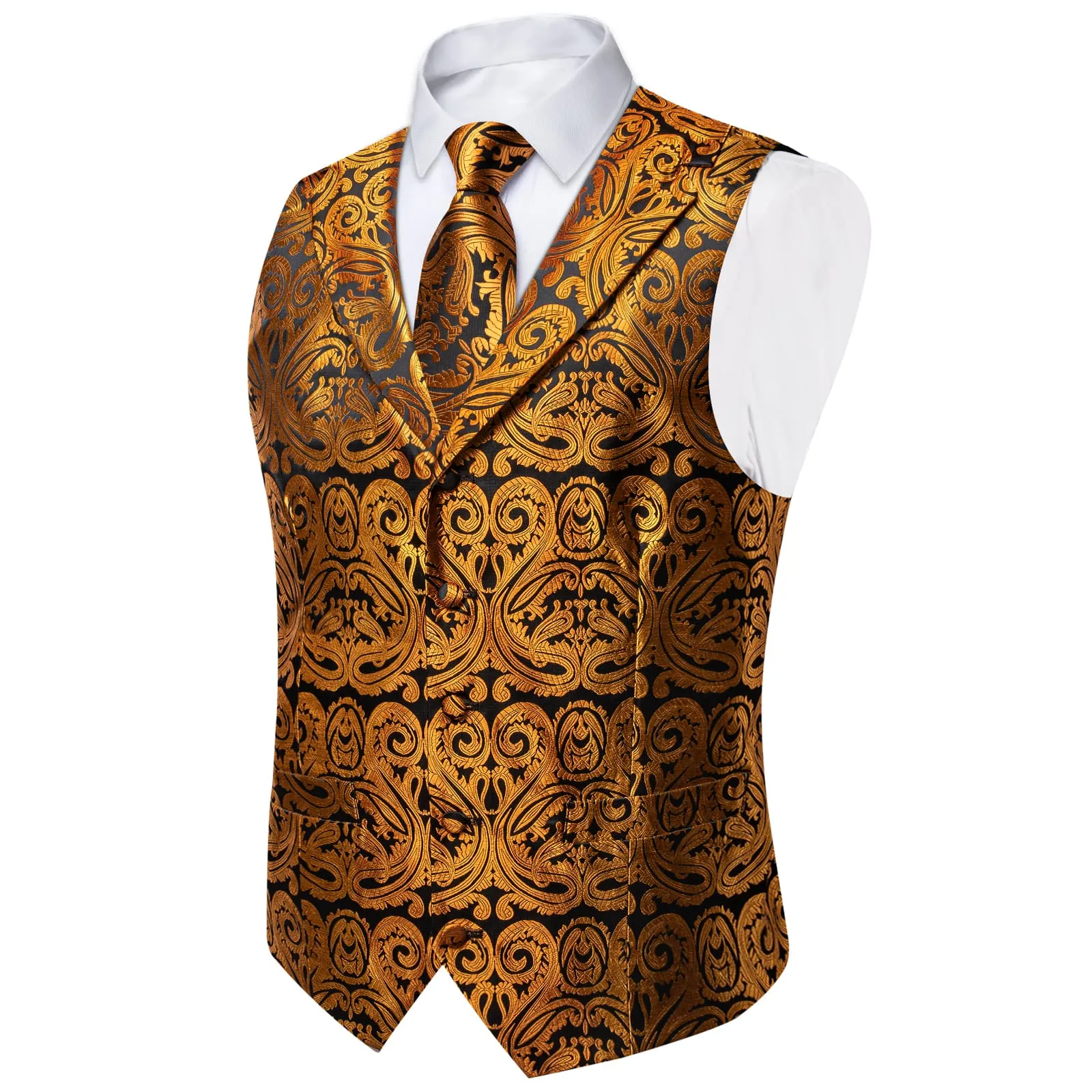 Ties2you Work Vest Golden Paisley Notched Collar Silk Waistcoat Tie Set for Men