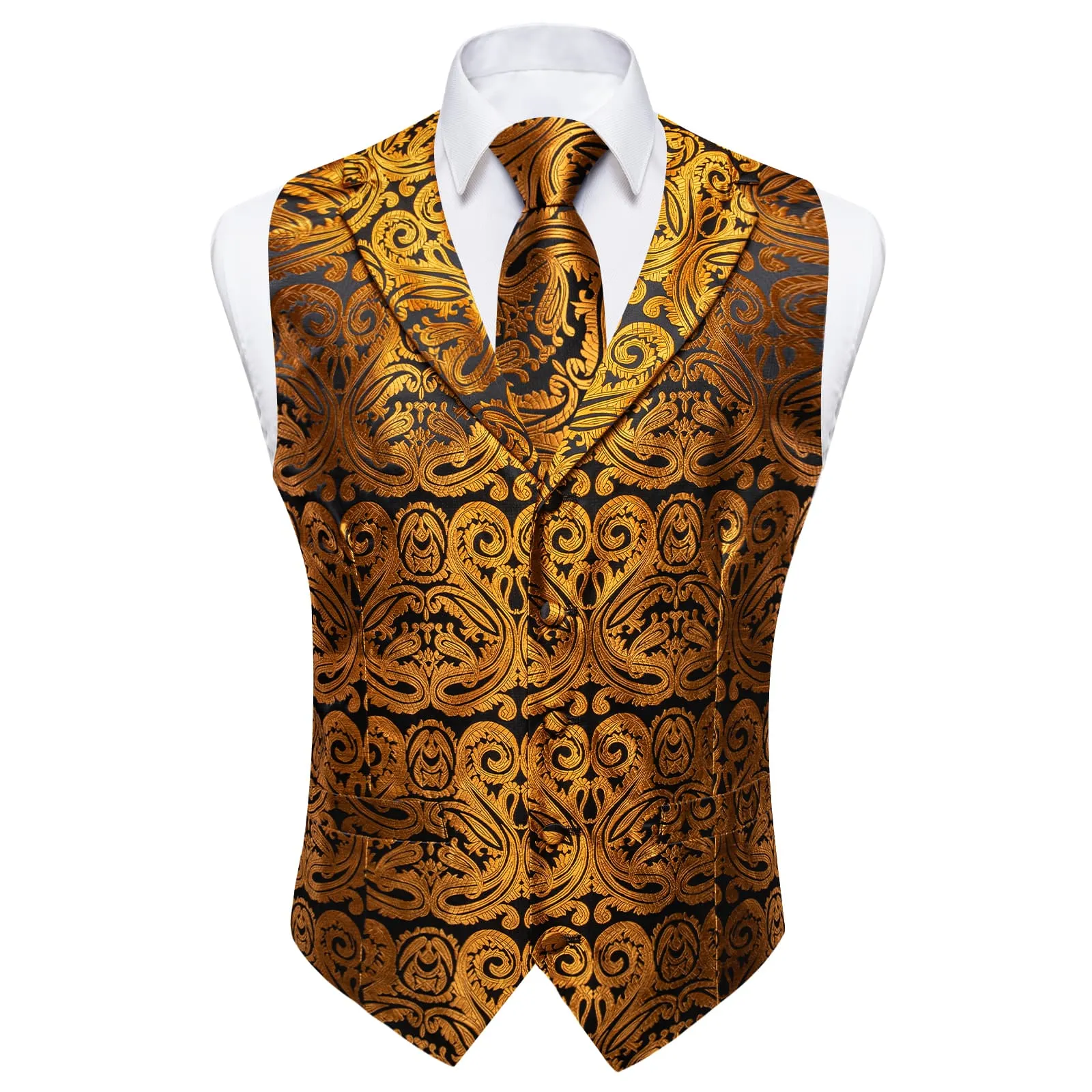 Ties2you Work Vest Golden Paisley Notched Collar Silk Waistcoat Tie Set for Men