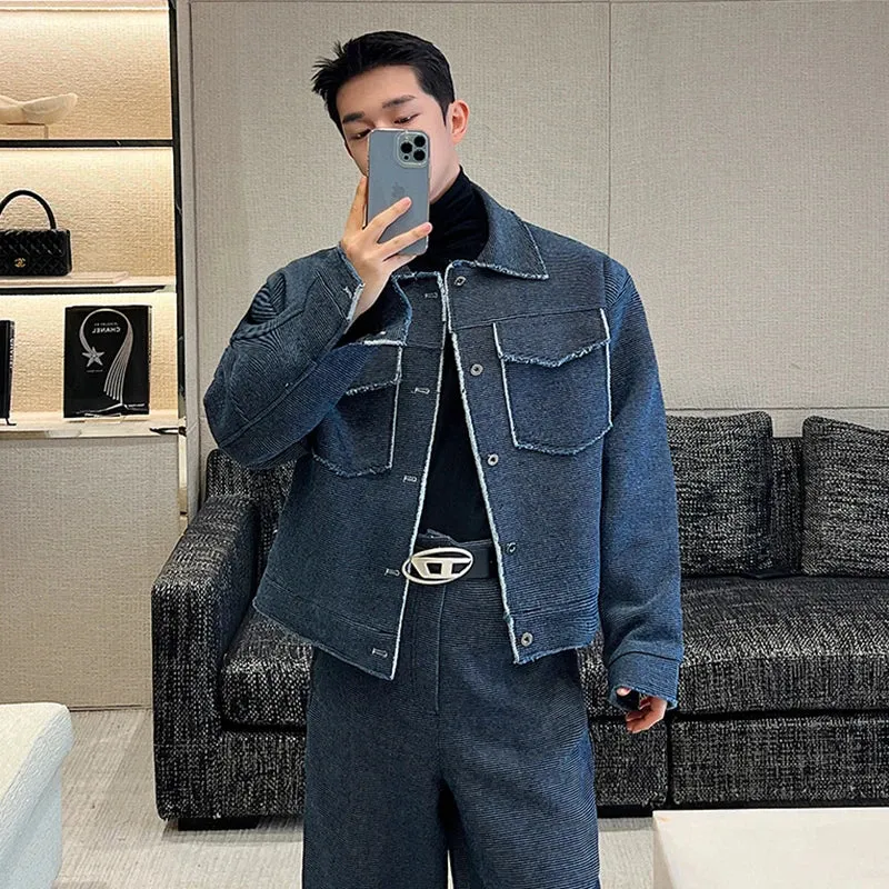 Trend Men's Denim Jackets Autumn New Korean Style Loose Versatile Silhouette Coat Washed Raw Edge Shoulder Pad Tops 9C3221