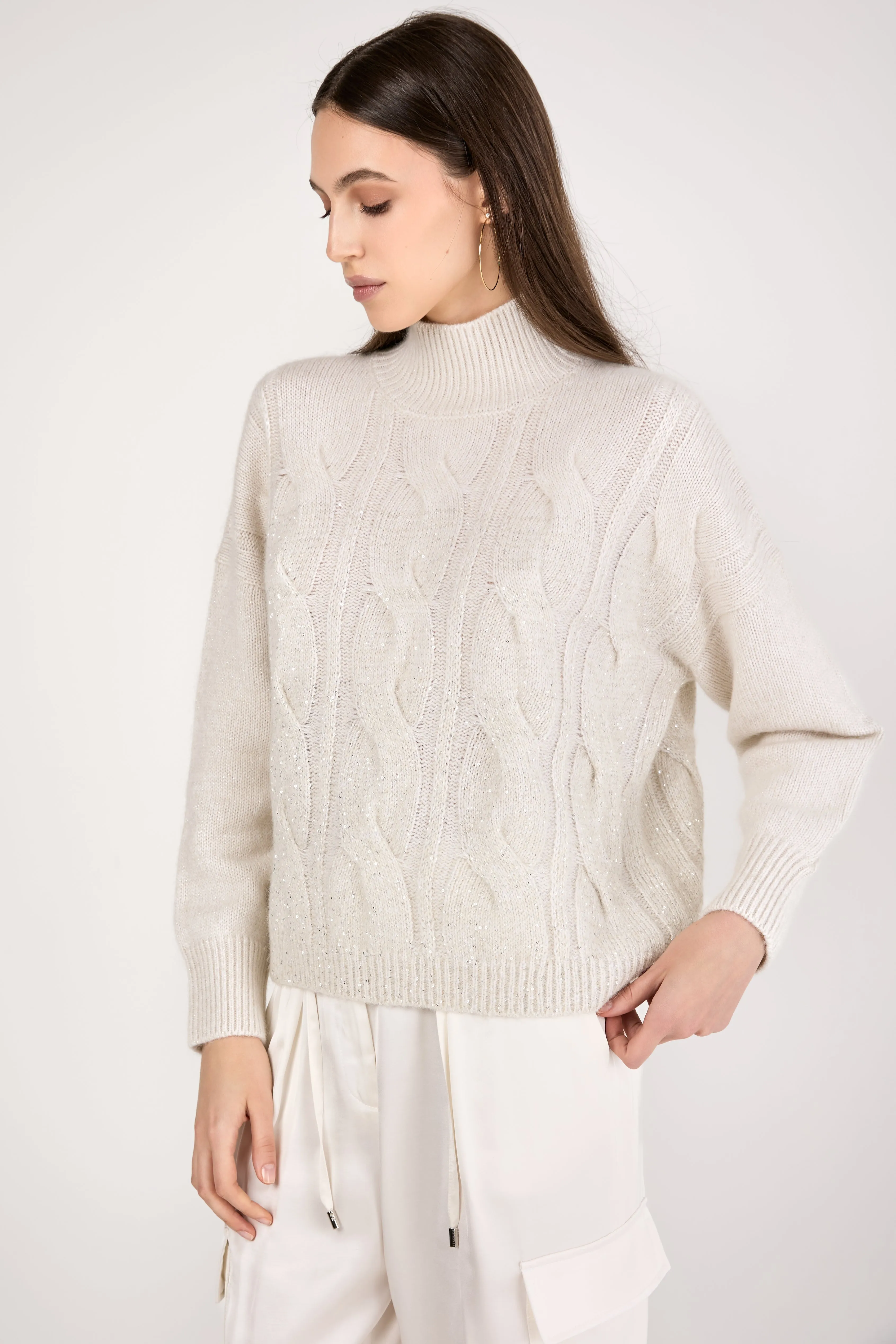 Turtleneck Knitted Sweater with Sequins in Natural White