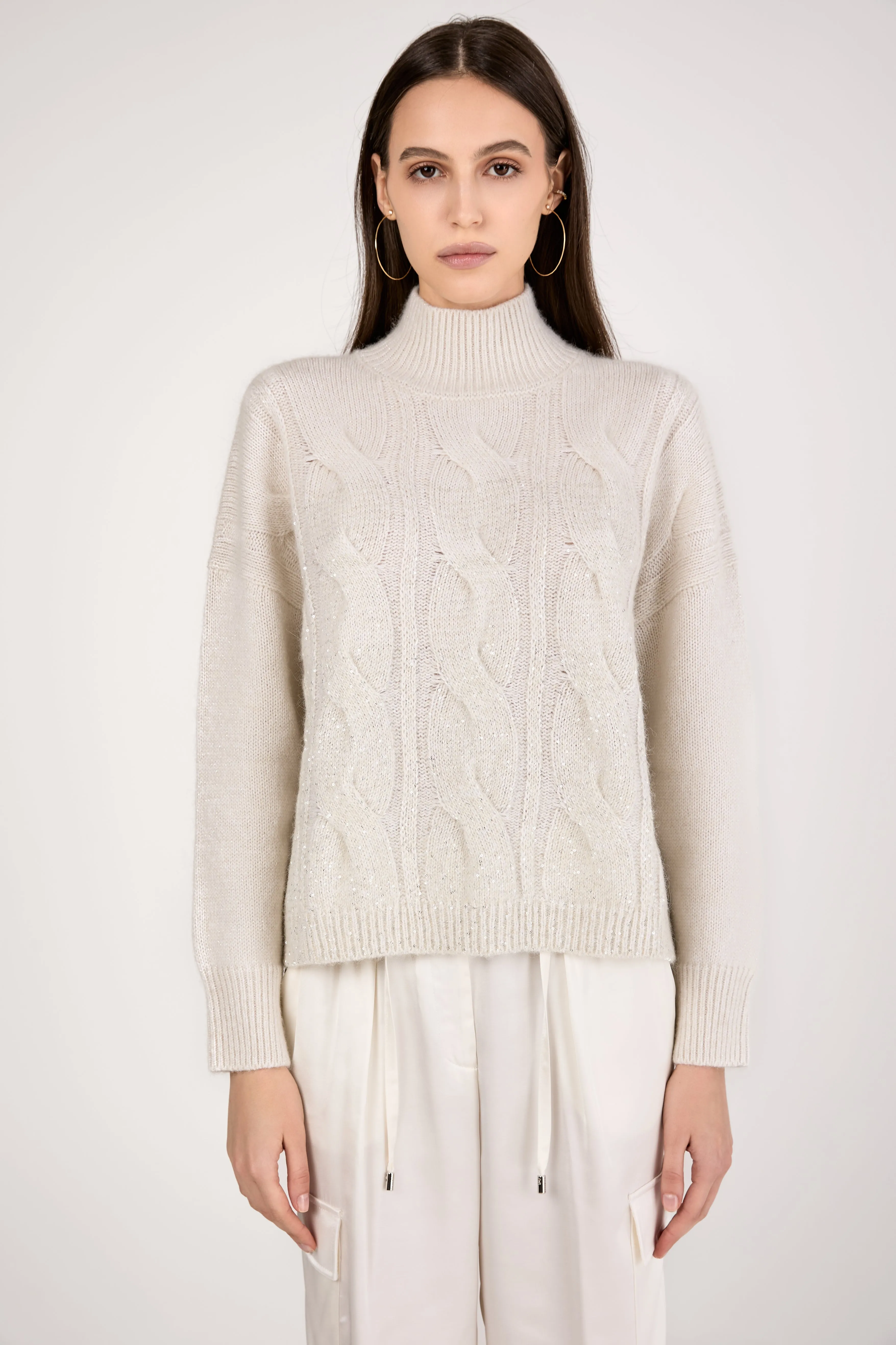 Turtleneck Knitted Sweater with Sequins in Natural White