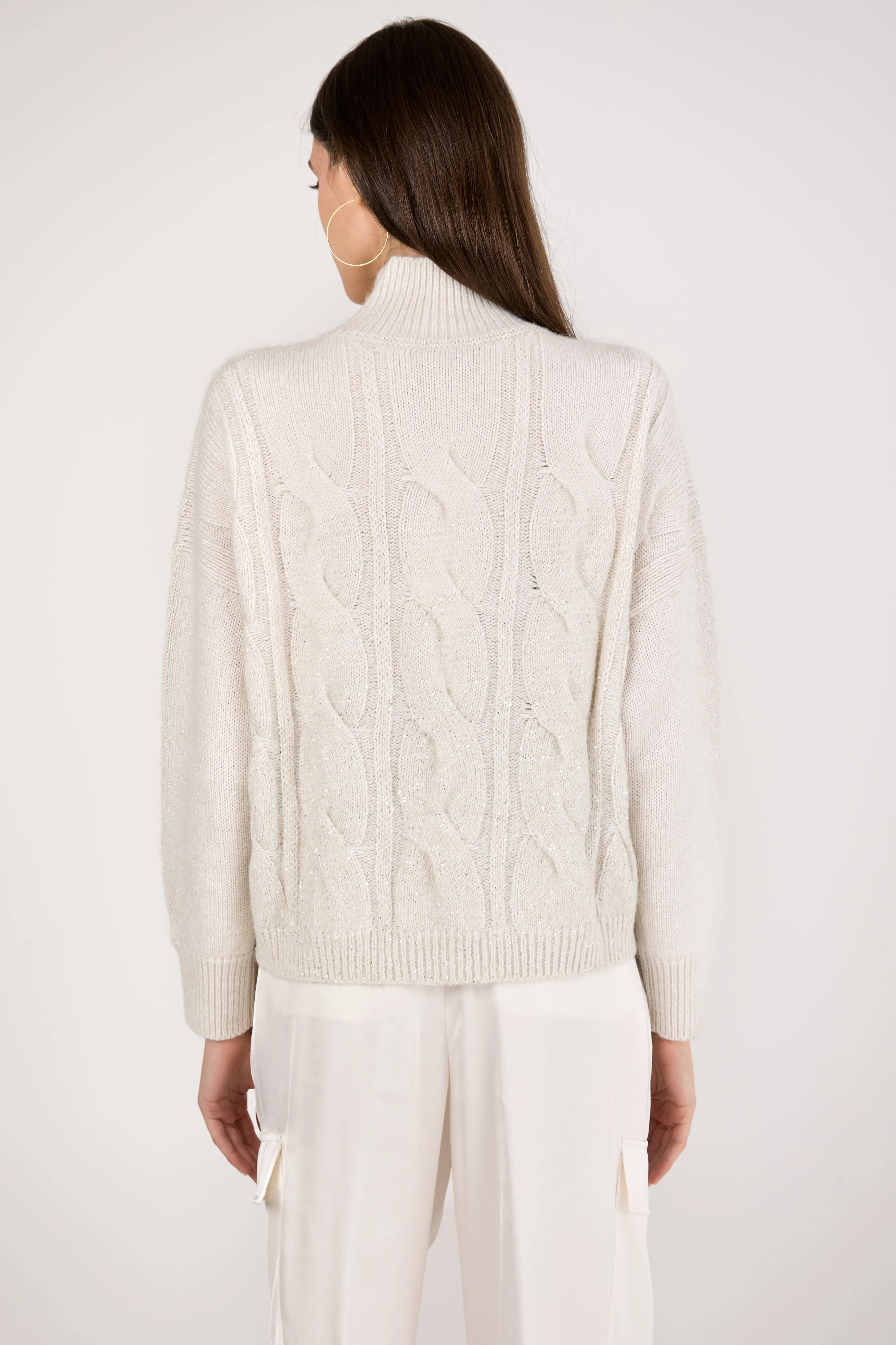 Turtleneck Knitted Sweater with Sequins in Natural White