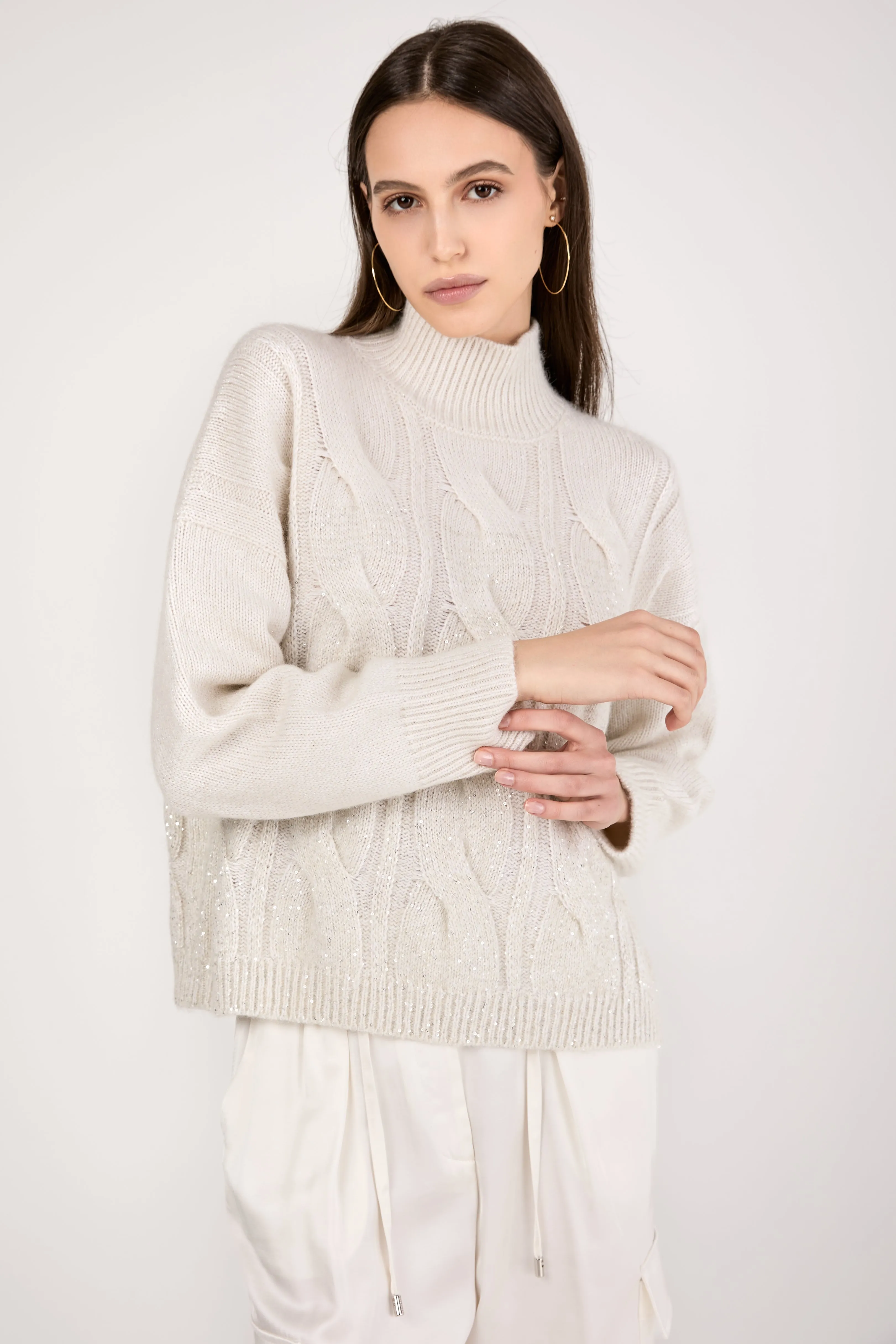 Turtleneck Knitted Sweater with Sequins in Natural White