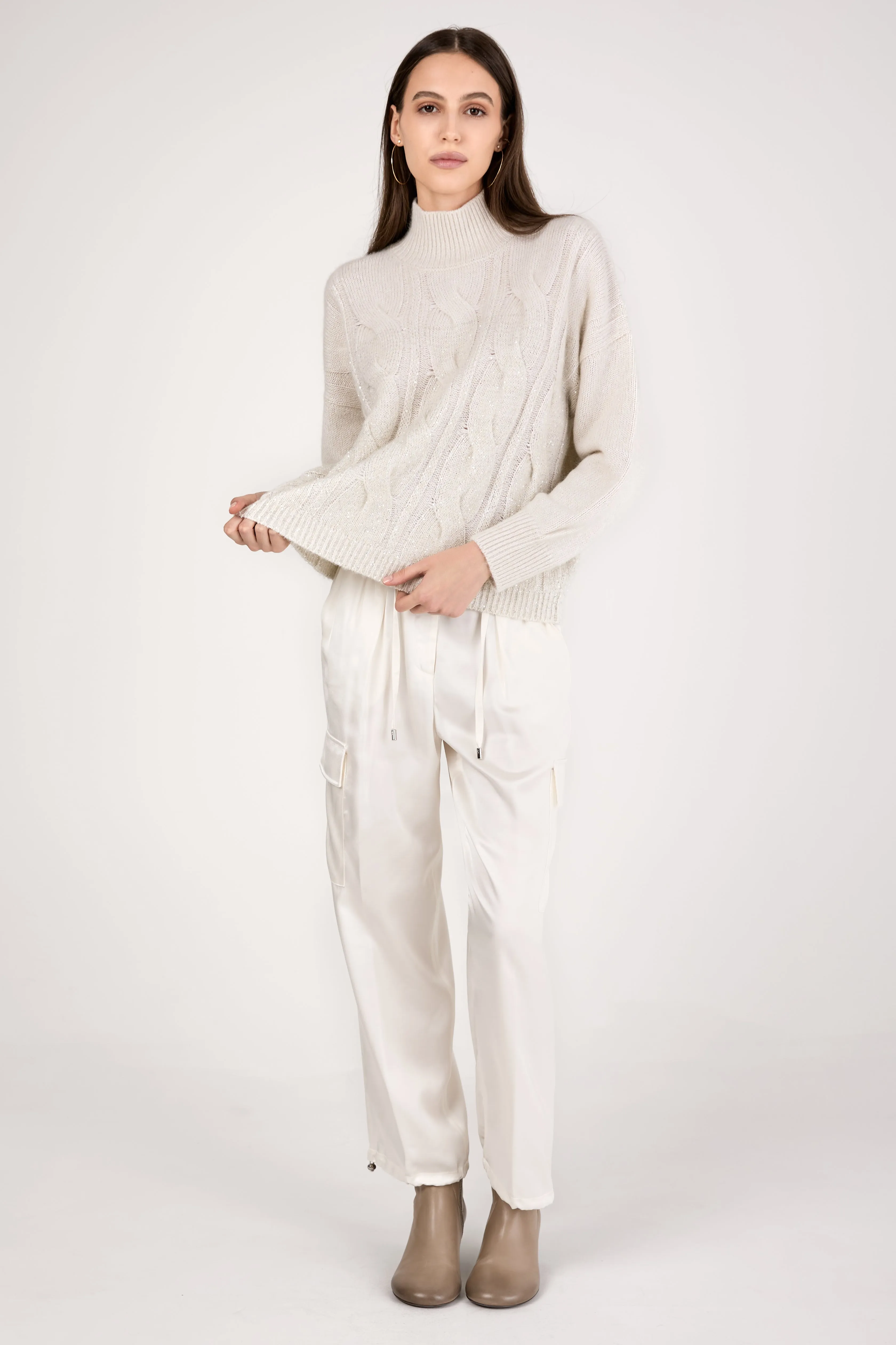 Turtleneck Knitted Sweater with Sequins in Natural White