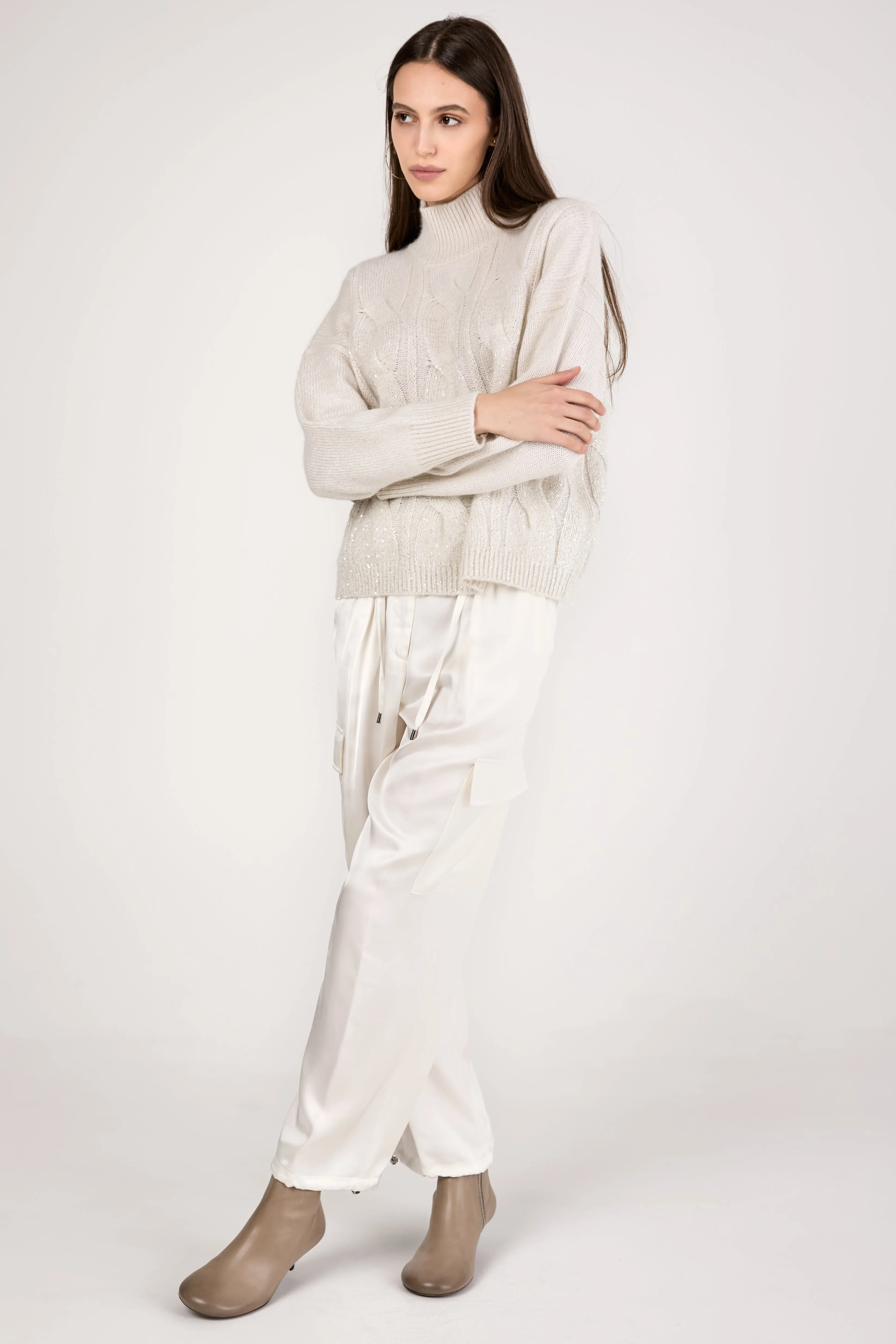 Turtleneck Knitted Sweater with Sequins in Natural White