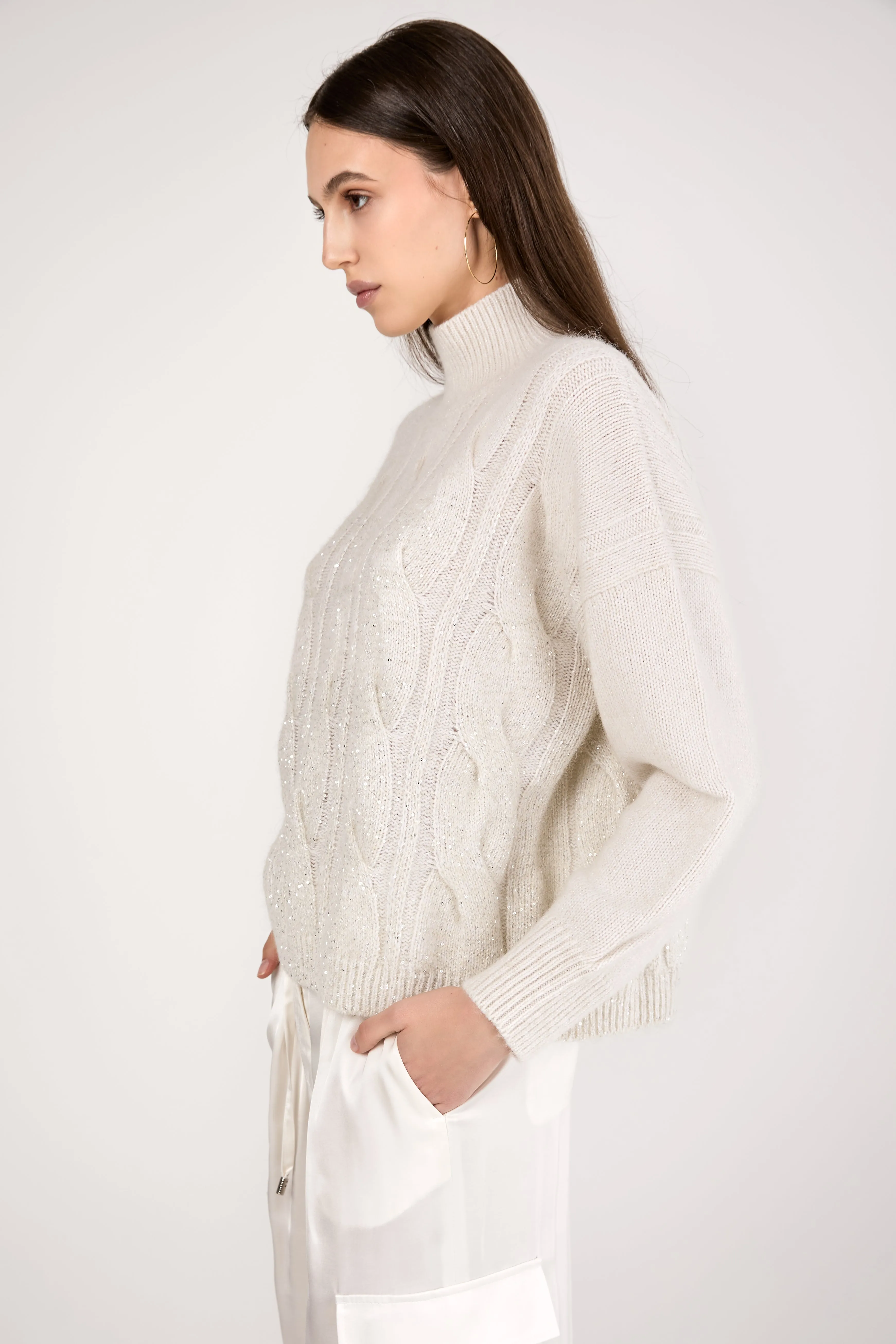 Turtleneck Knitted Sweater with Sequins in Natural White