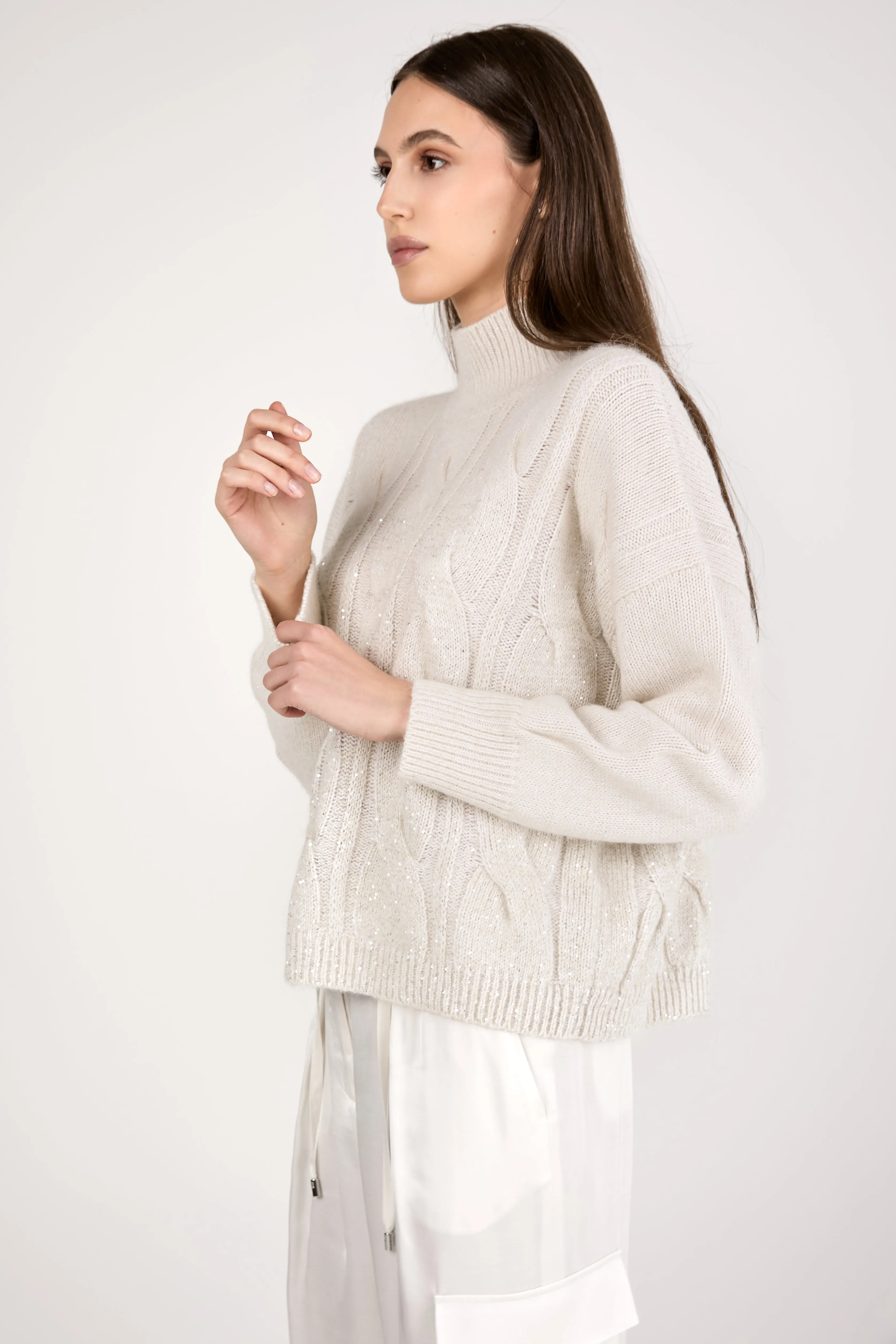 Turtleneck Knitted Sweater with Sequins in Natural White