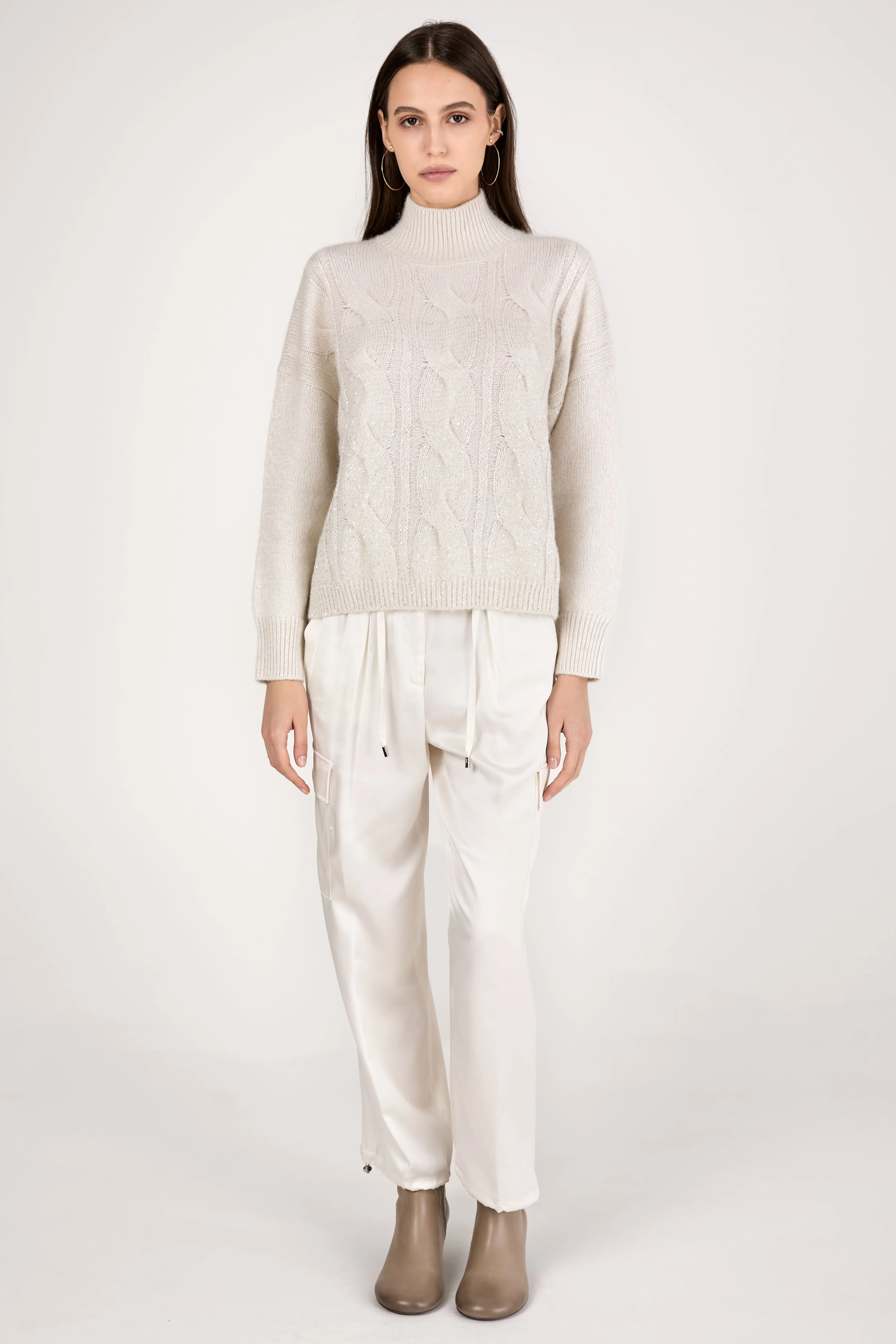 Turtleneck Knitted Sweater with Sequins in Natural White