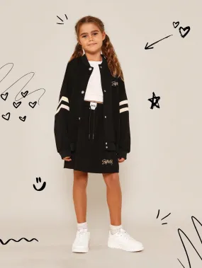 Tween Girls Oversized Fit Bomber Jacket And Skirt With Embroidery Print 2 Piece Set