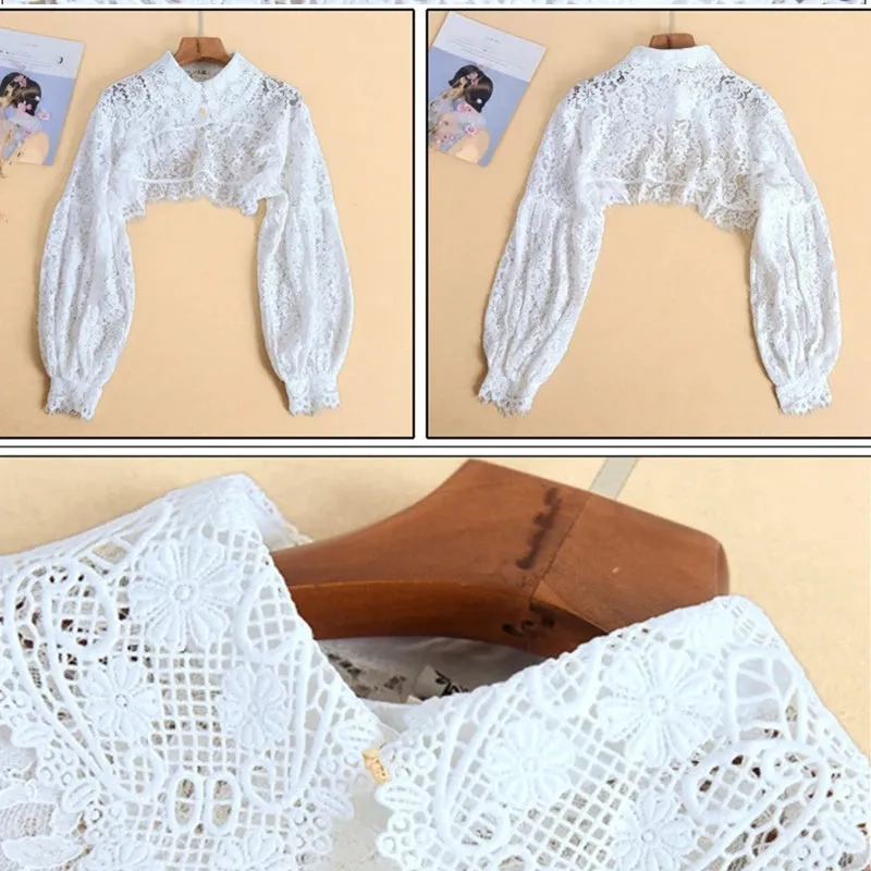 Uniwim Women Puff Long Sleeve Lapel Half Top Blouse Hollow Out Eyelash Floral Lace Detachable False Fake Collar Dickey Necklace