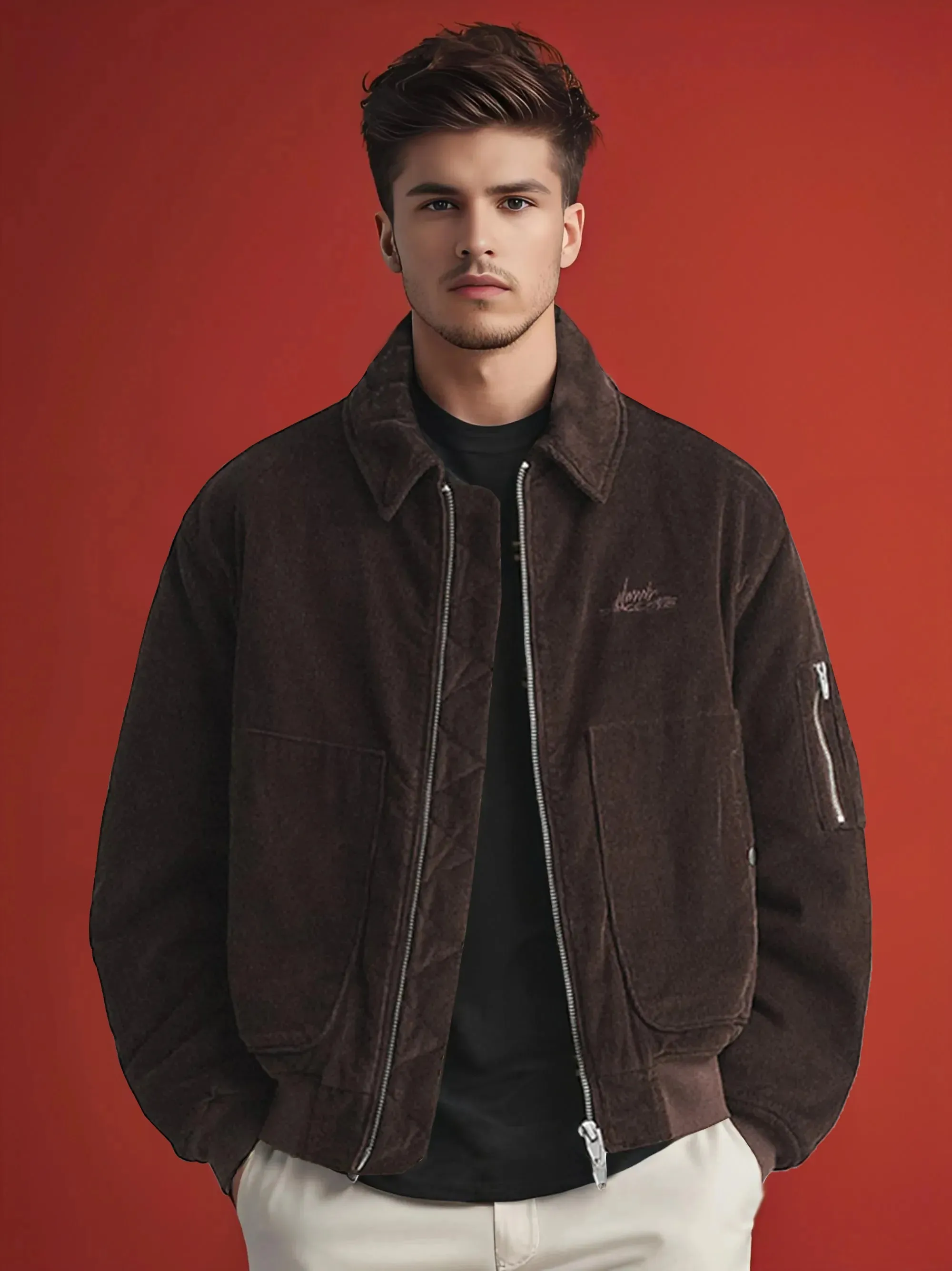 Velvet Embroidered logo Bomber Dark Brown Jacket