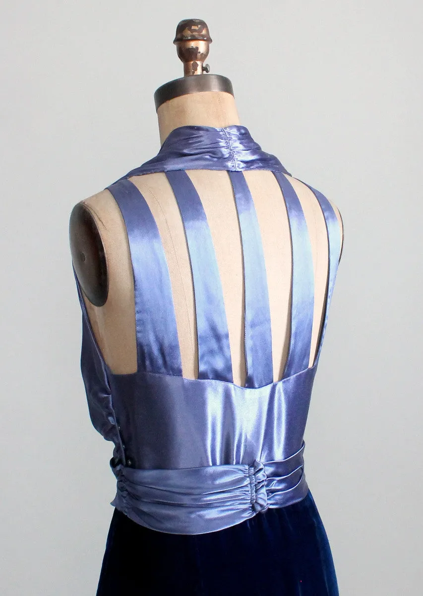 Vintage 1930s Blue Velvet and Satin Cage Back Evening Dress