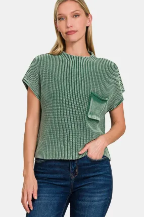 Washed Mock Neck Short Sleeve Cropped Sweater