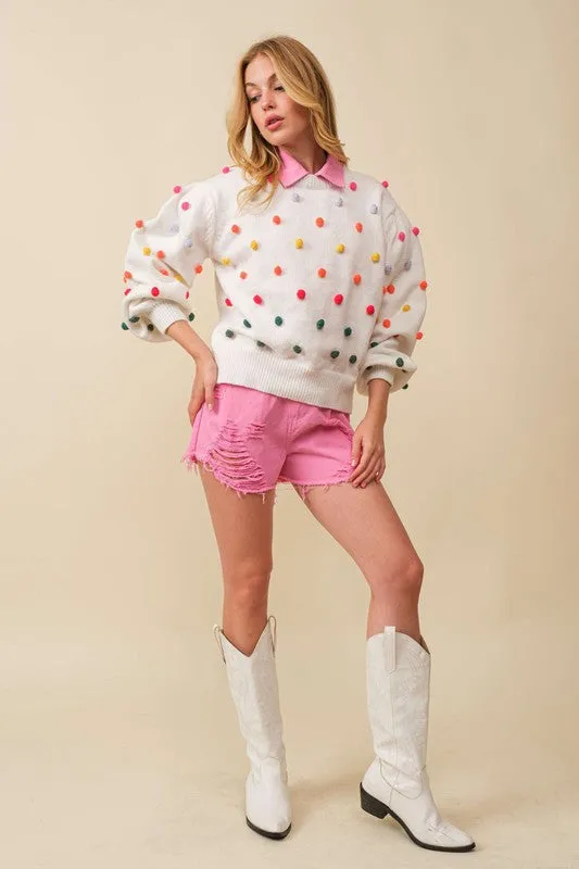 White 3D Multi Color Polka Dot Long Sleeve Sweater