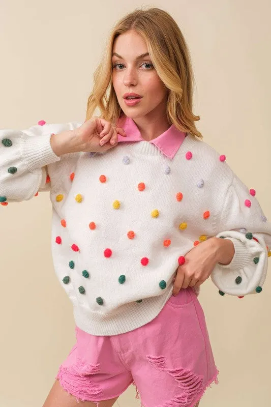 White 3D Multi Color Polka Dot Long Sleeve Sweater