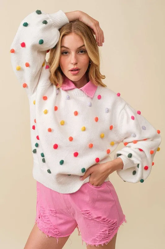 White 3D Multi Color Polka Dot Long Sleeve Sweater