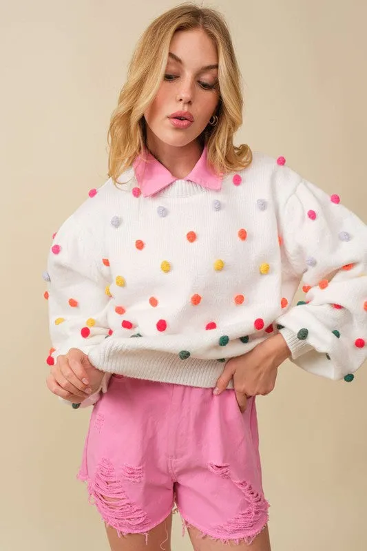 White 3D Multi Color Polka Dot Long Sleeve Sweater