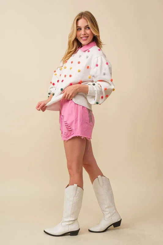 White 3D Multi Color Polka Dot Long Sleeve Sweater