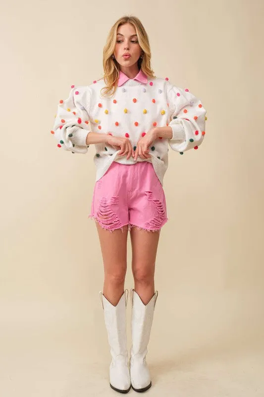 White 3D Multi Color Polka Dot Long Sleeve Sweater