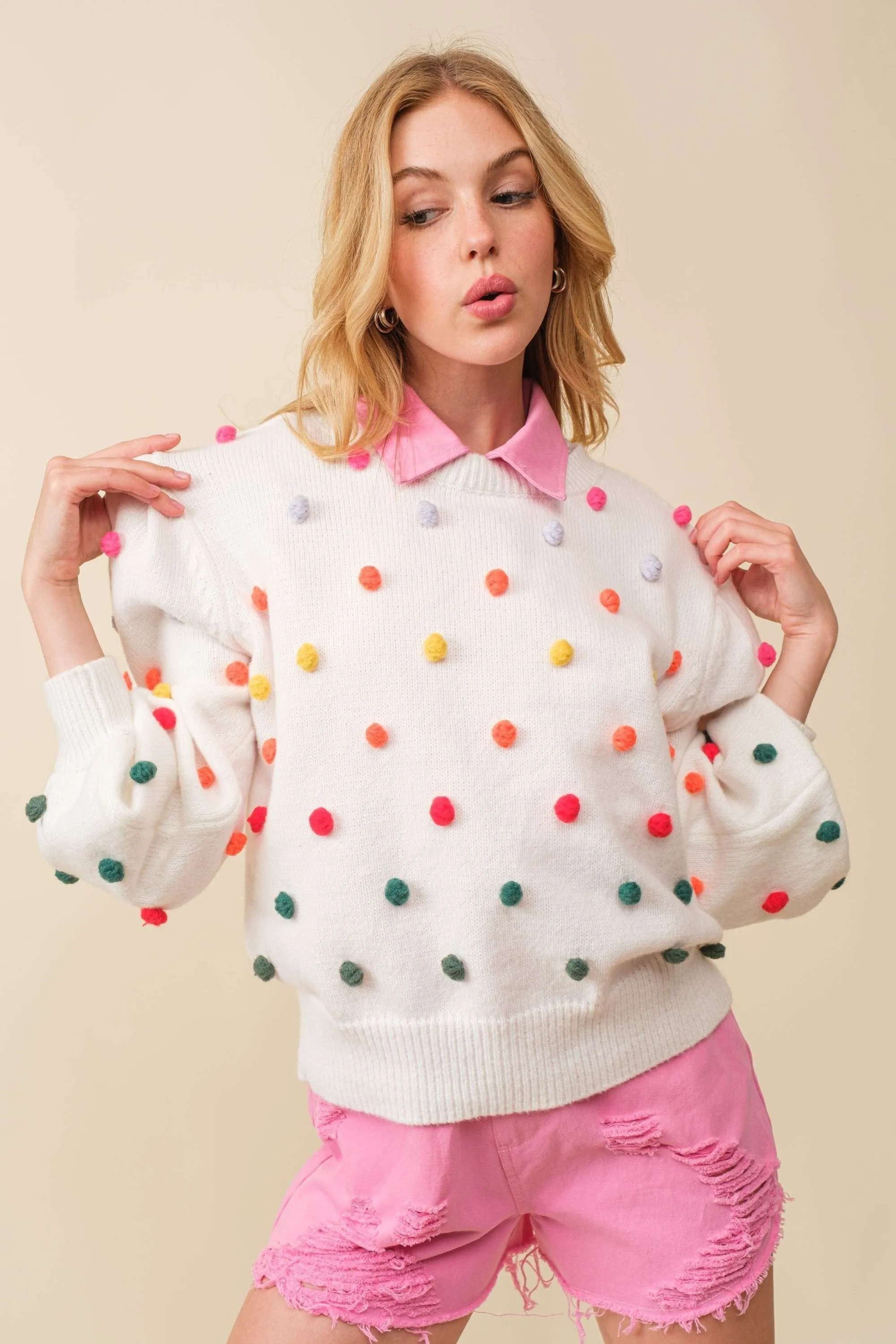 White 3D Multi Color Polka Dot Long Sleeve Sweater