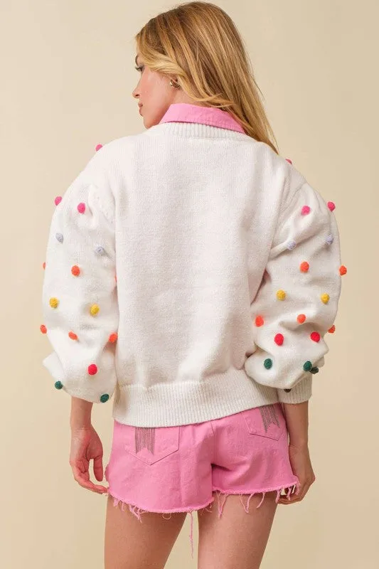 White 3D Multi Color Polka Dot Long Sleeve Sweater