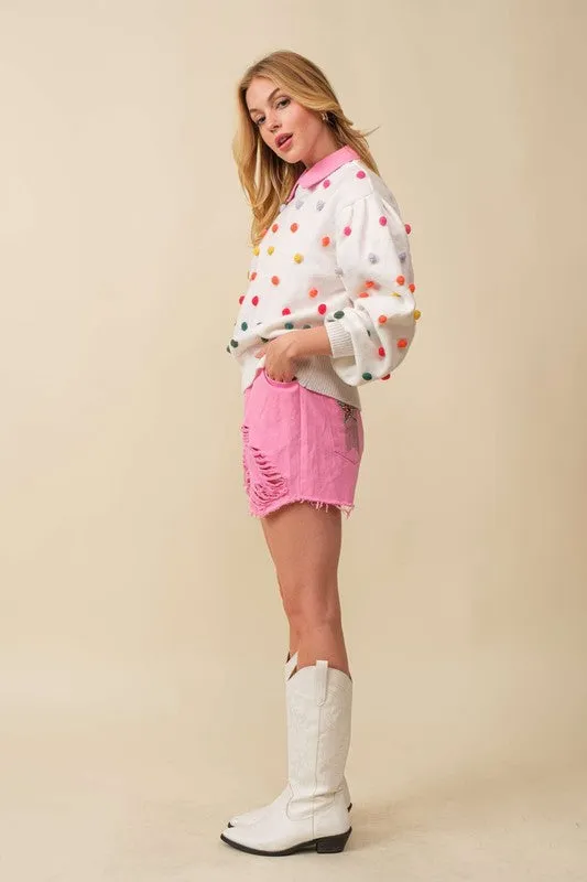 White 3D Multi Color Polka Dot Long Sleeve Sweater