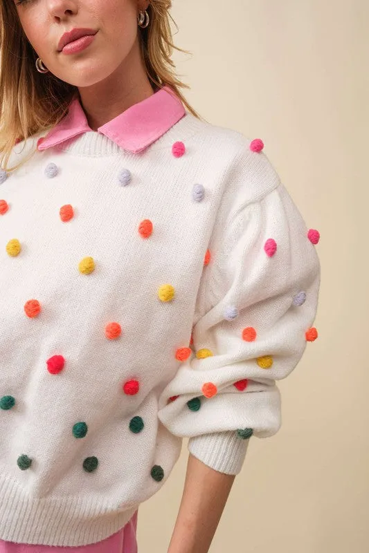 White 3D Multi Color Polka Dot Long Sleeve Sweater