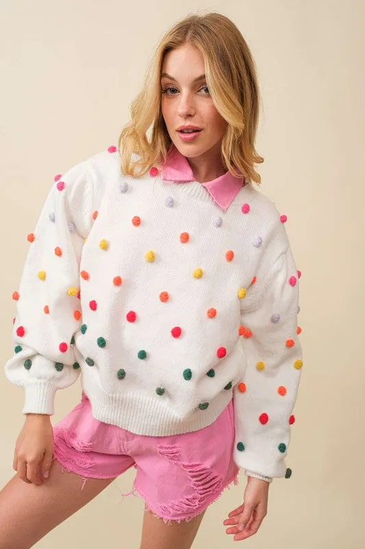 White 3D Multi Color Polka Dot Long Sleeve Sweater