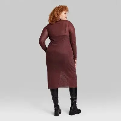 Wild Fable Women's Turtleneck Mesh Midi Dress Long Sleeve