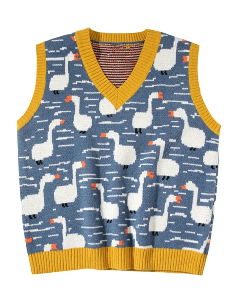 Winter Women Sweater Vest Chic Cartoon Duck Embroidery Jacquard Knitted Sleeveless V-neck Sweet Sweaters Girl Pullovers Top