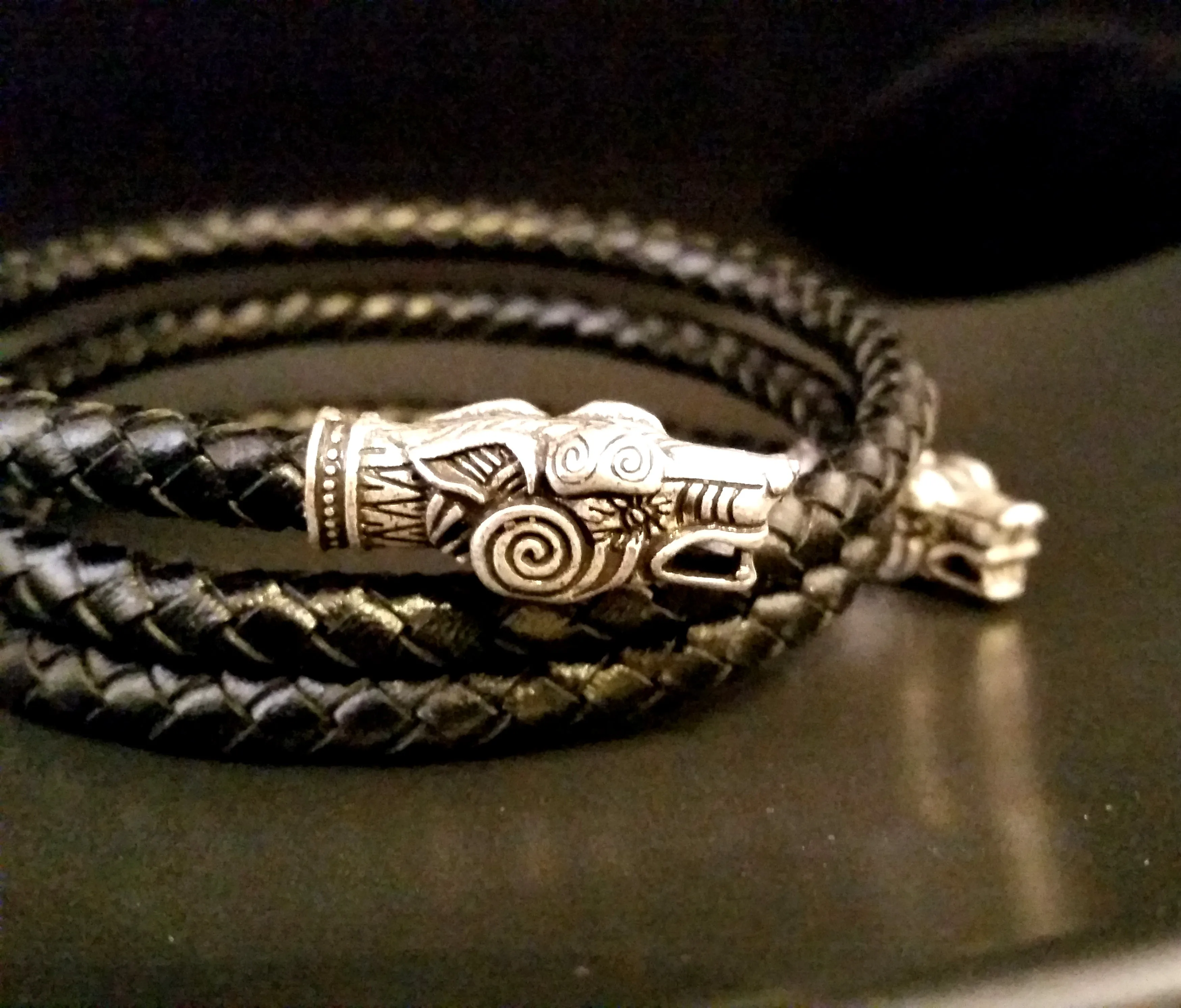 Wolf Arm Ring Torc Bracelet Silver Black Leather Viking